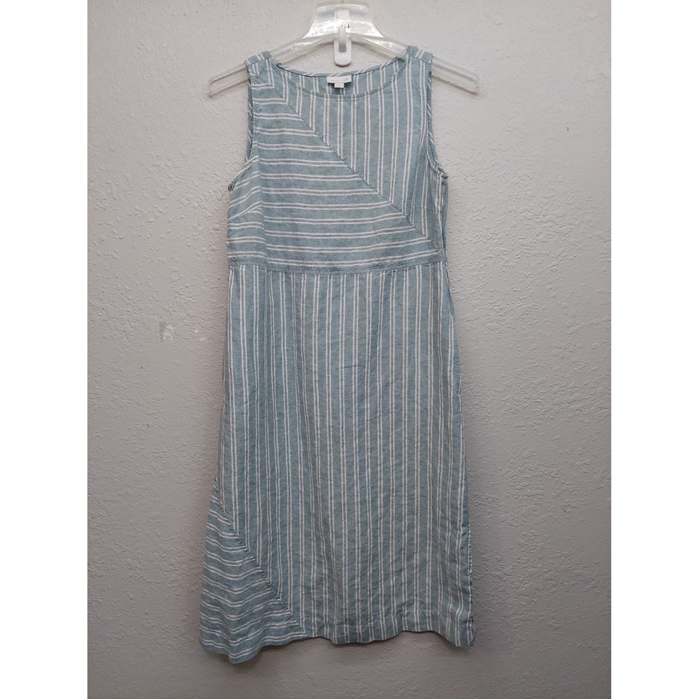 J Jill Linen Dress Pockets Womens Small Blue White Striped Sleeveless Midi Shift